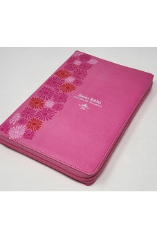 Image of Biblia RVR 1960 de Promesas Letra Gigante Rosada Flores Símil Piel con Cierre