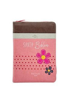 Biblia RVR 1960 Bolsillo Café Beige Rosa con Flores Símil Piel con Cierre