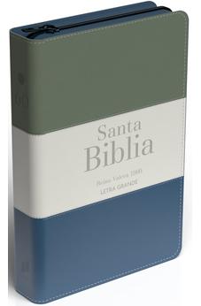 Biblia RVR 1960 Letra Grande Tamaño Manual Tricolor Gris Crema Azul con Cierre e Índice