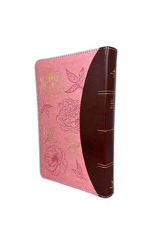 Image of Biblia RVR 1960 Letra Grande Tamaño Manual Símil Piel Rosa Café Filigranas Primaverales con Índice con Cierre