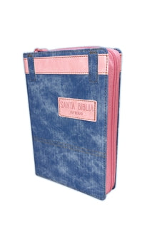 Image of Biblia RVR 1960 Letra Grande Tamaño Manual Jean Cinturón Rosa de Cuero y Detrás con Cierre con Índice