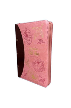 Image of Biblia RVR 1960 Letra Grande Tamaño Manual Símil Piel Rosa Café Filigranas Primaverales con Índice con Cierre